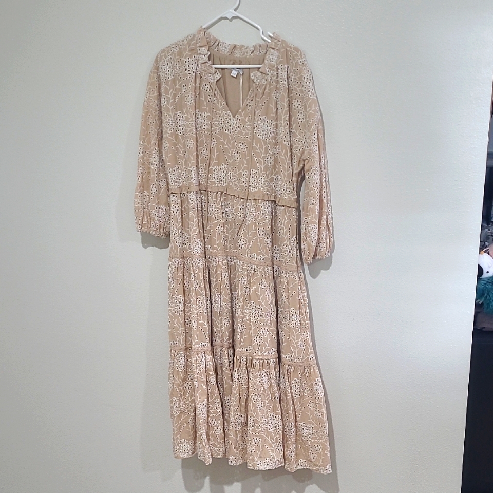 Chicos Beige Khaki Eyelet Embroidered Cotton Dress 2 M L Xl